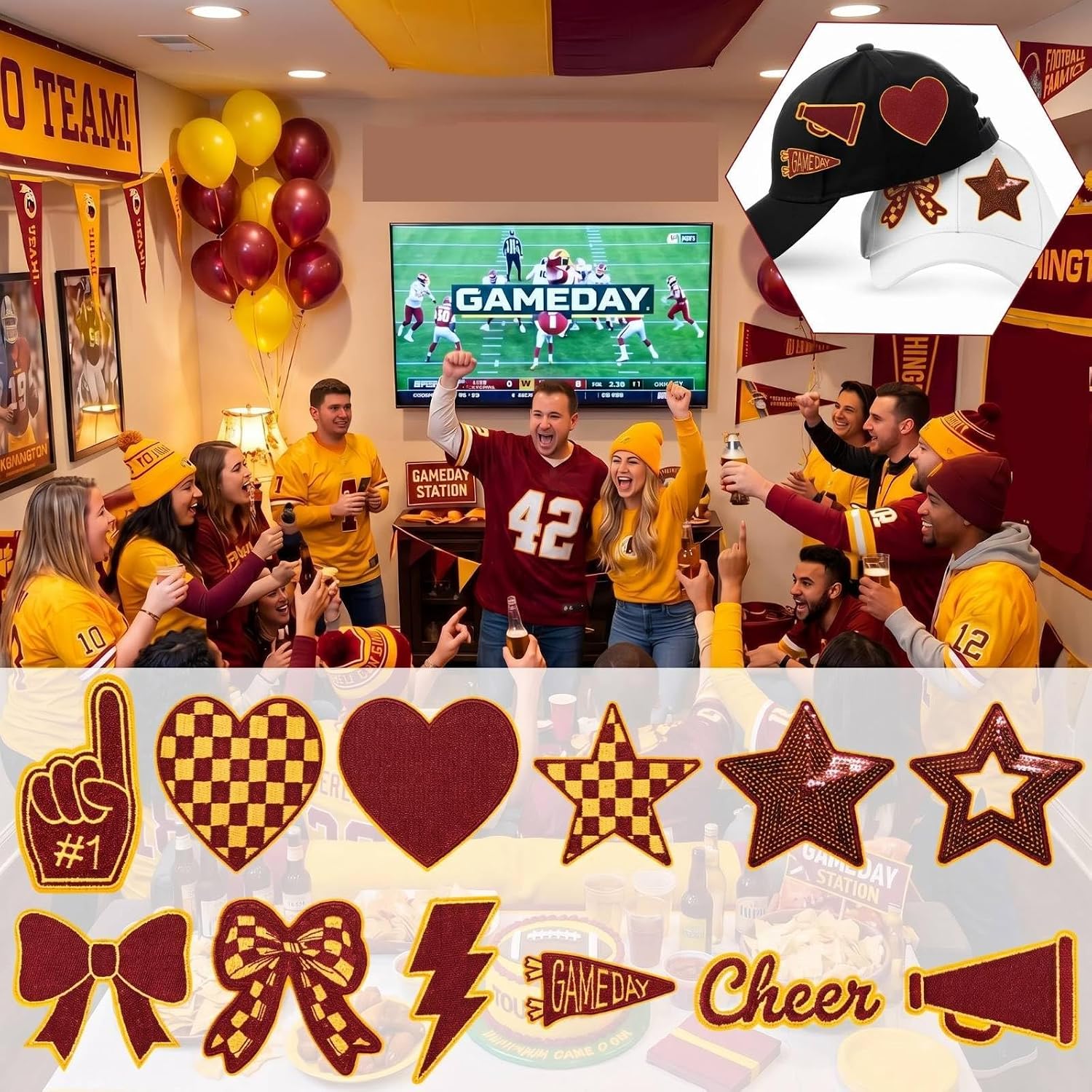 24 Pcs Burgundy Yellow Football Cheer Patches Iron on for Hats