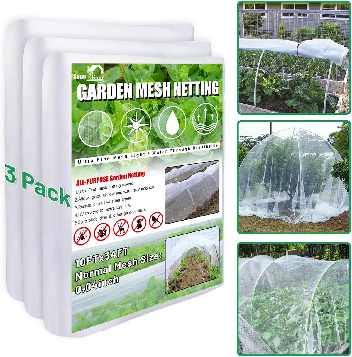 SnugNiture Garden Netting, Ultra Fine Mesh, 10x33 FT, White, 3 Pack