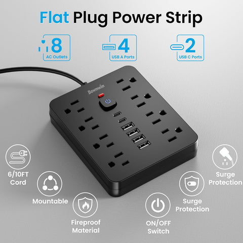 Surge Protector Power Strip, 8 Outlets(1850W/15A/14AWG), 6 USB Charging Ports(2 USB C), 6FT Flat Plug Extension Cord Outlet Extender with Overload Protection, ETL Certified for Office