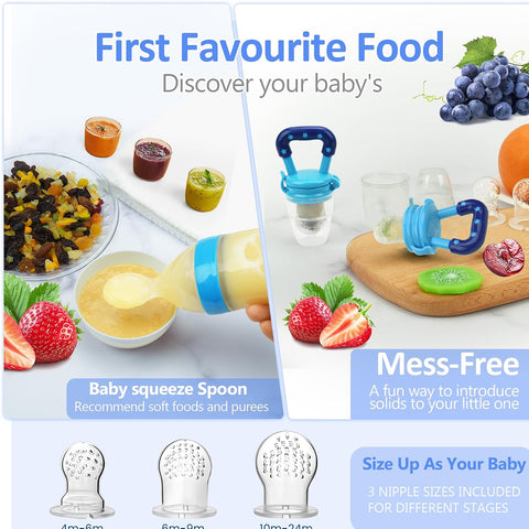 Baby Fruit Feeder Pacifier - 6 Pack | 2 Infant Food Pacifier & 2 Baby Food Dispensing Spoon | Fresh Fruit Teethers for Babies | Silicone Feeder Babies,Infant Teething Feeders (Blue)