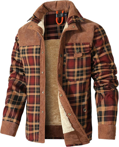 HYPESTFIT Men's Corduroy Plaid Sherpa Lined Flannel Shirt Jacket Fleece Coat