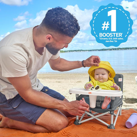 Bright Starts Pop ‘N Sit Portable Booster Seat, 3-in-1 Floor Seat, Travel High Chair & Toddler Booster with Feeding Tray, Indoor/Outdoor, Grey, 6 Months–3 Years