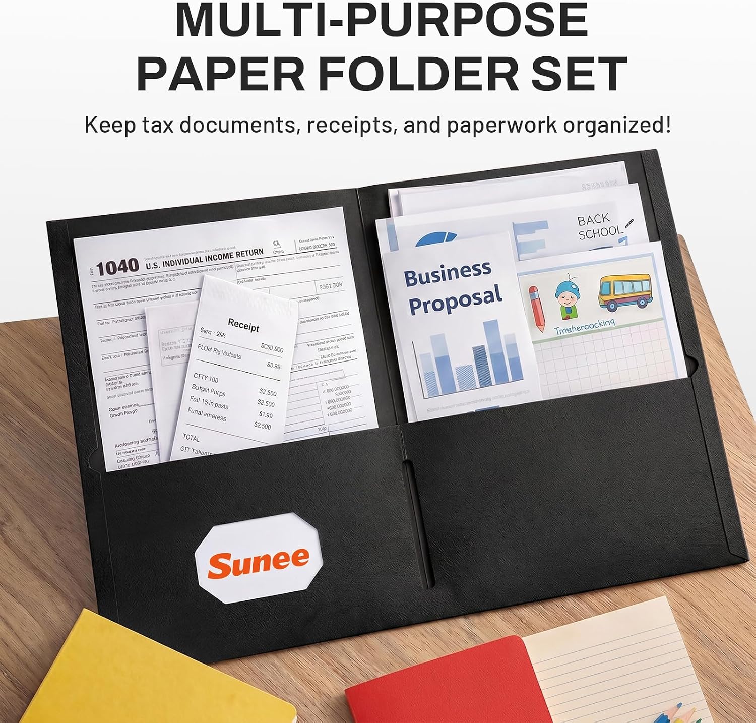 SUNEE Folders with Pockets(25 Pack, Black), 2 Pocket Folders Fit Letter Size Paper, Paper File Folder for School Office Home Bussiness
