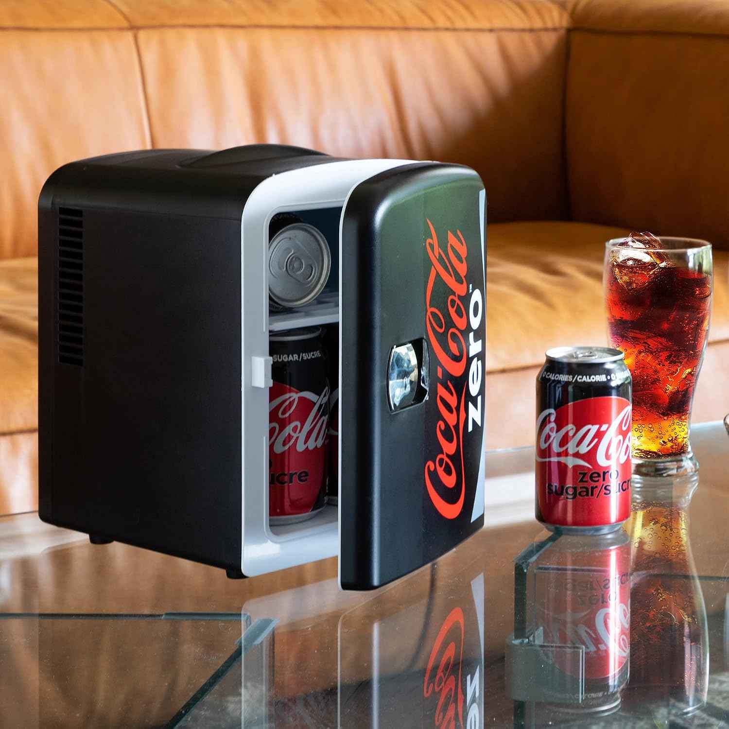 Coke Zero Mini Fridge - 6 Can Refrigerator for Bedroom Office, Portable Table Top Beverage Cooler, 12V 110V Refrigerador For Drinks, Soda, Wine Use In Car, Dorm, Outdoor, Patio
