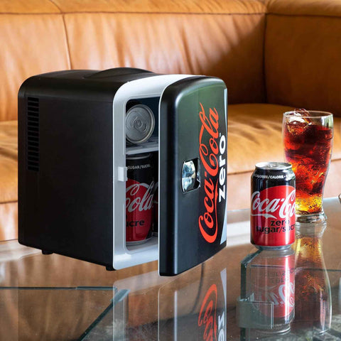 Coke Zero Mini Fridge - 6 Can Refrigerator for Bedroom Office, Portable Table Top Beverage Cooler, 12V 110V Refrigerador For Drinks, Soda, Wine Use In Car, Dorm, Outdoor, Patio