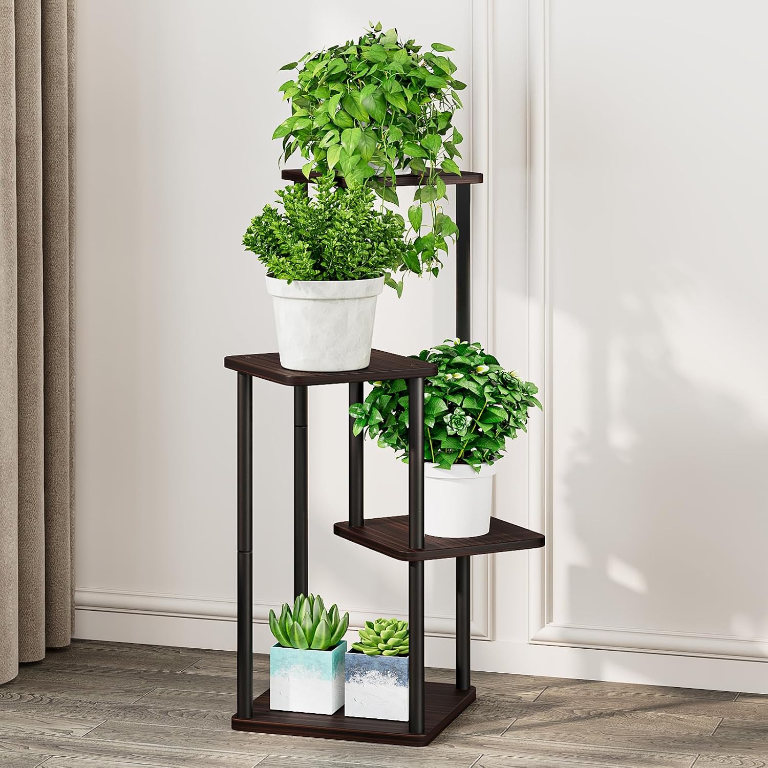 AZERPIAN 4 Tier Tall Plant Stand Indoor Corner Tiered Shelf Metal MDF Board