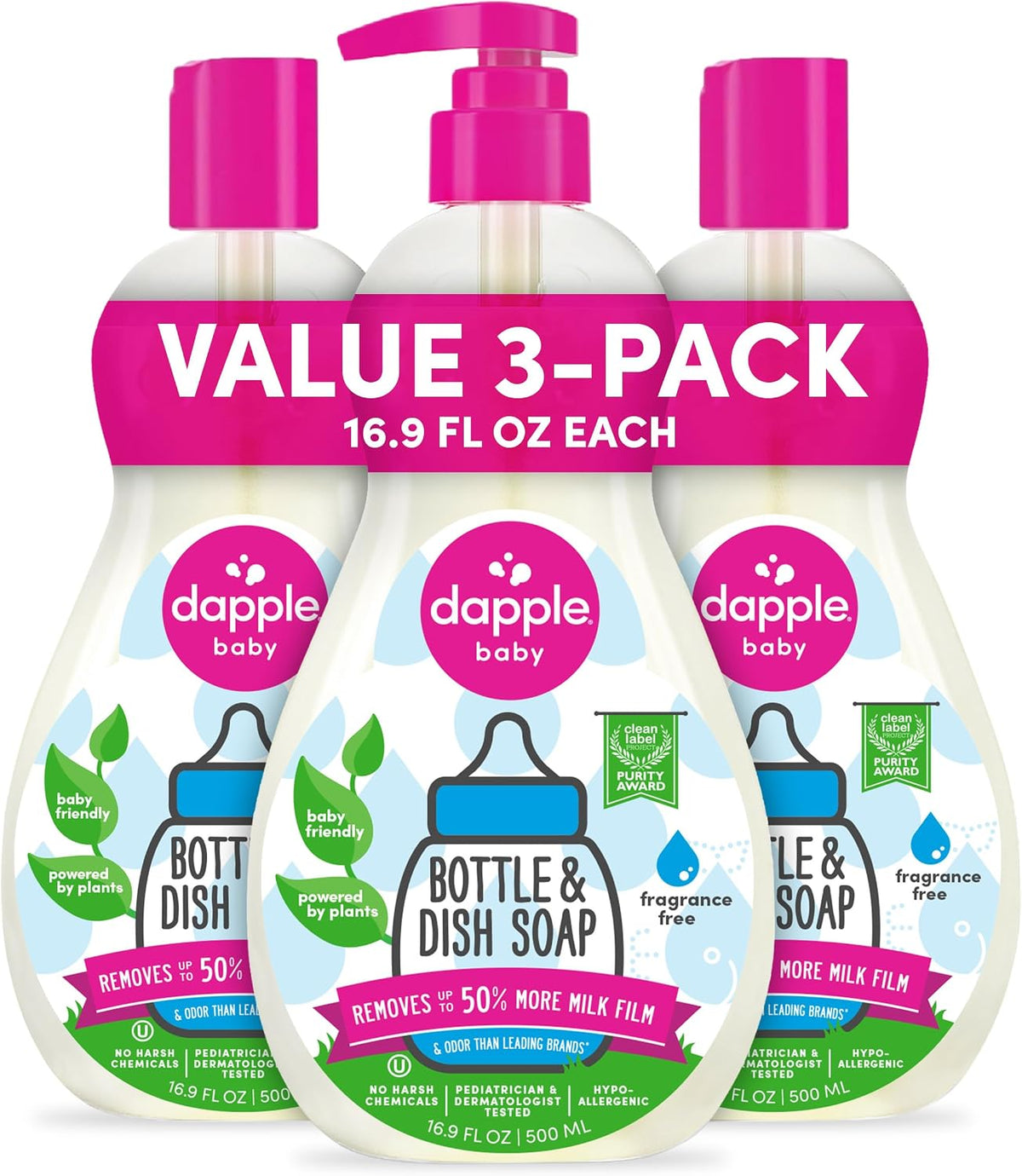 Dapple Baby - Fragrance Free Bottle & Dish Soap - 16.9 fl oz (3 Pack)