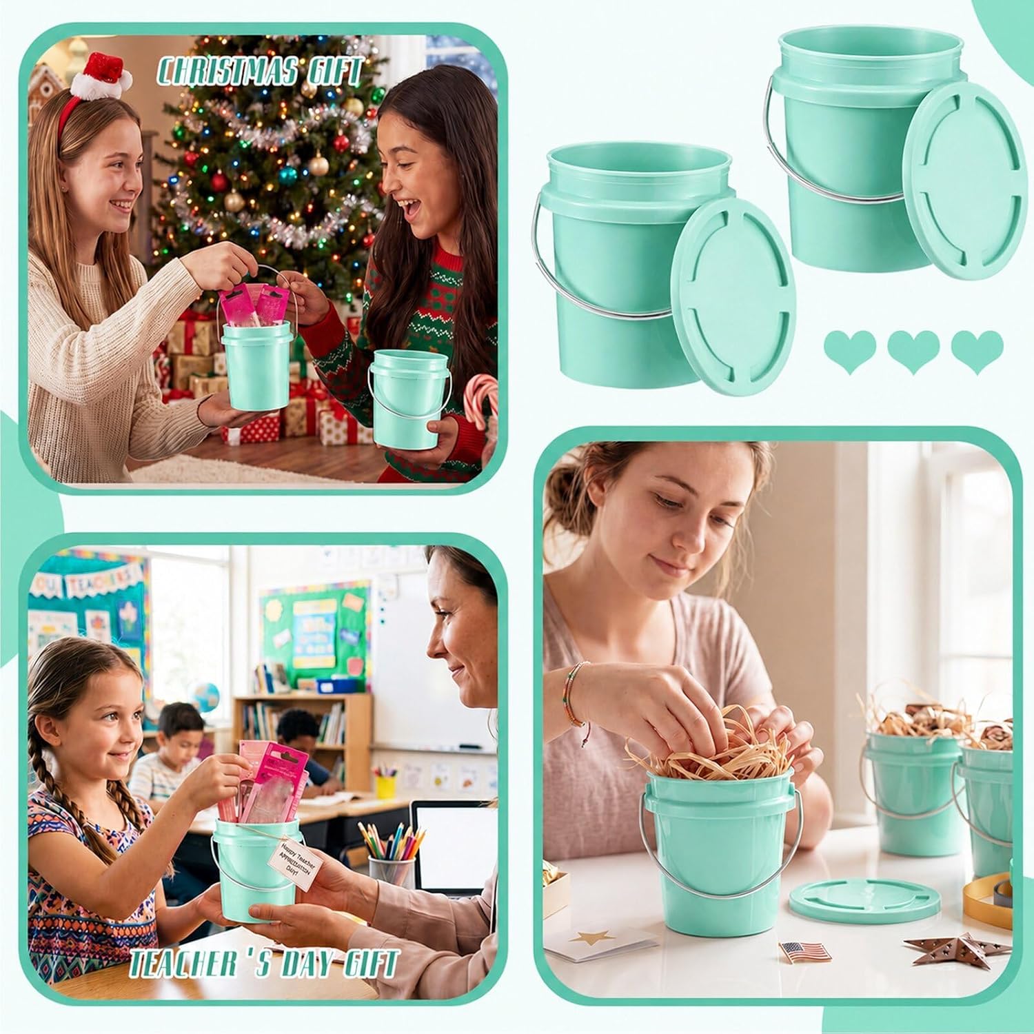 Hushee 6 Pcs Mini Plastic Buckets with Lids, 0.4 Quart, Teal