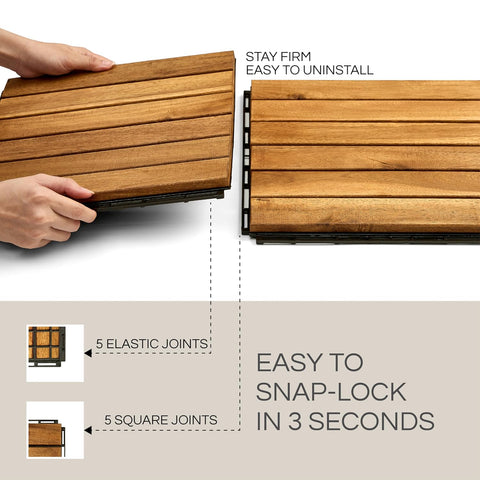 Premium Group Deck Tiles, Patio Flooring - Outdoor Waterproof Acacia Wood Tiles for All Weather Use - Balcony, Backyard, Indoor & Outdoor (Golden Teak, Set 30 Striped Pattern)