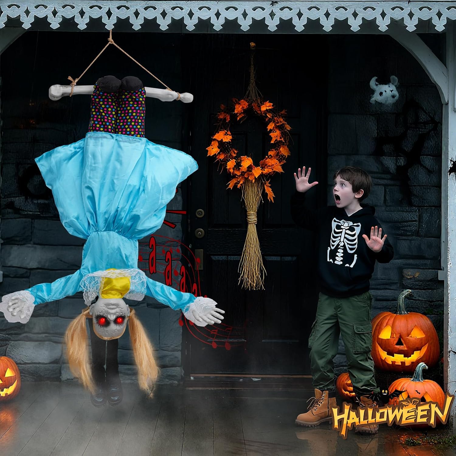 40in Scary Halloween Decorations Outdoor with Flailing Arms, Scary Sounds & Glowing Red Eyes, Hanging Swinging Doll for Yard Porch Indoor Outside