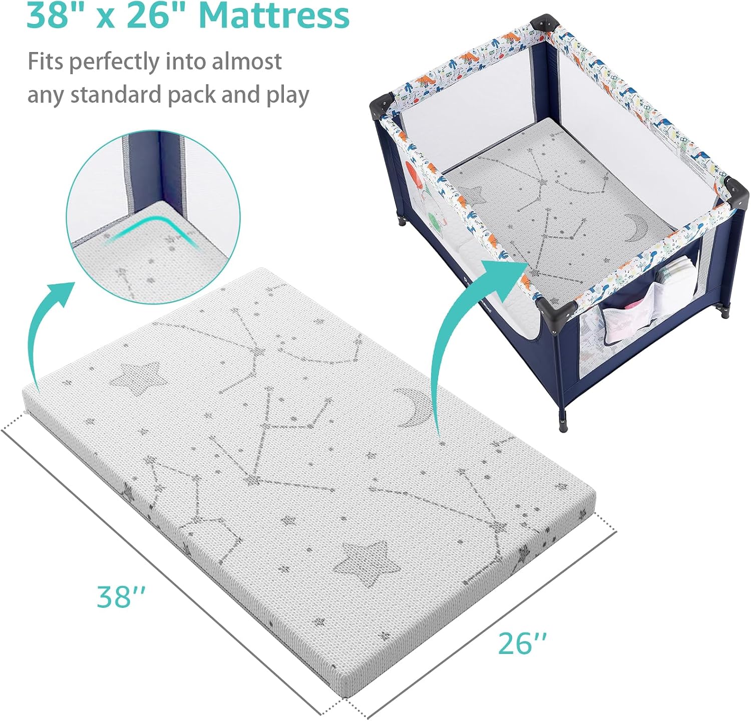YENING Pack and Play Mattress Topper Baby Pack N Play Mattresses for Playpen and Playard with Washable Cover 38"x26"x1", 1 Pack Firm Foam