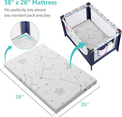 YENING Pack and Play Mattress Topper Baby Pack N Play Mattresses for Playpen and Playard with Washable Cover 38"x26"x1", 1 Pack Firm Foam