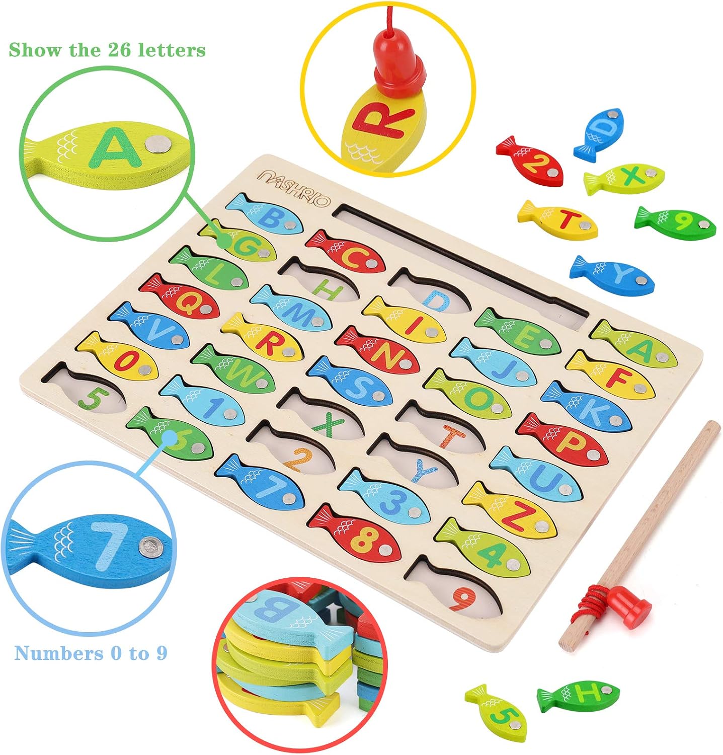 Magnetic Wooden Fishing Game Toy for Preschoolers, Alphabet Fish Catching Counting Games Puzzle with Numbers and Letters, Preschool Learning ABC and Math Educational Toys for 3 4 5 Years Old Kids