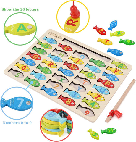 Magnetic Wooden Fishing Game Toy for Preschoolers, Alphabet Fish Catching Counting Games Puzzle with Numbers and Letters, Preschool Learning ABC and Math Educational Toys for 3 4 5 Years Old Kids
