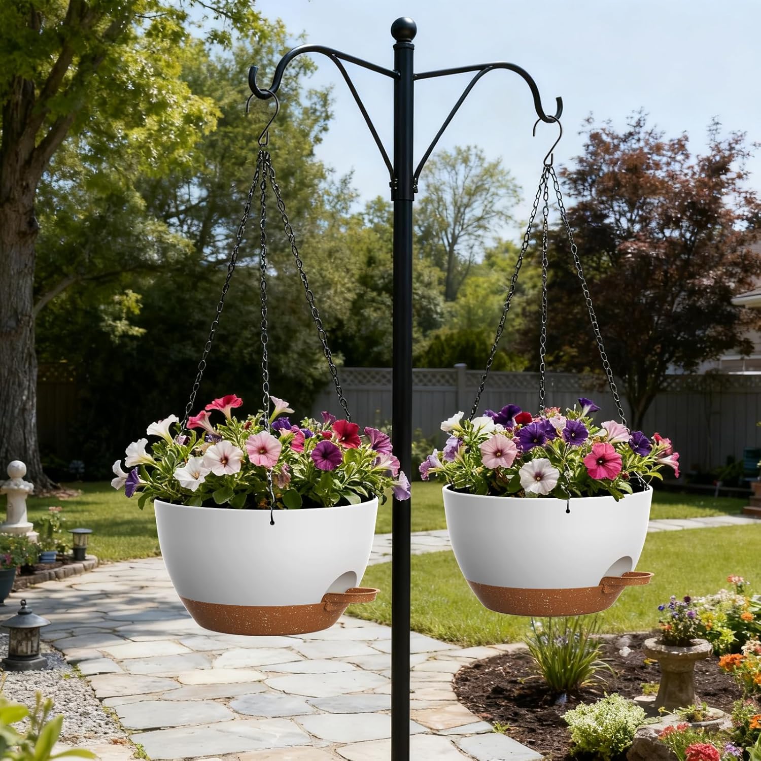 UOUZ 13 Inch 2 Pack Large Self Watering Hanging Planters for Indoor Outdoor Plants, Hanging Plant Pots with Removable 50 Oz Reservoir, Plastic Hanging Basket for Window Porch Garden, White with Brown