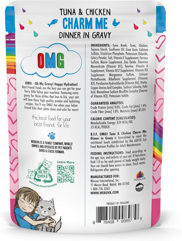 Weruva B.F.F. OMG - Best Feline Friend Oh My Gravy! Tuna & Chicken Charm Me with Tuna & Chicken in Gravy Cat Food, 3oz Pouch (Pack of 48)