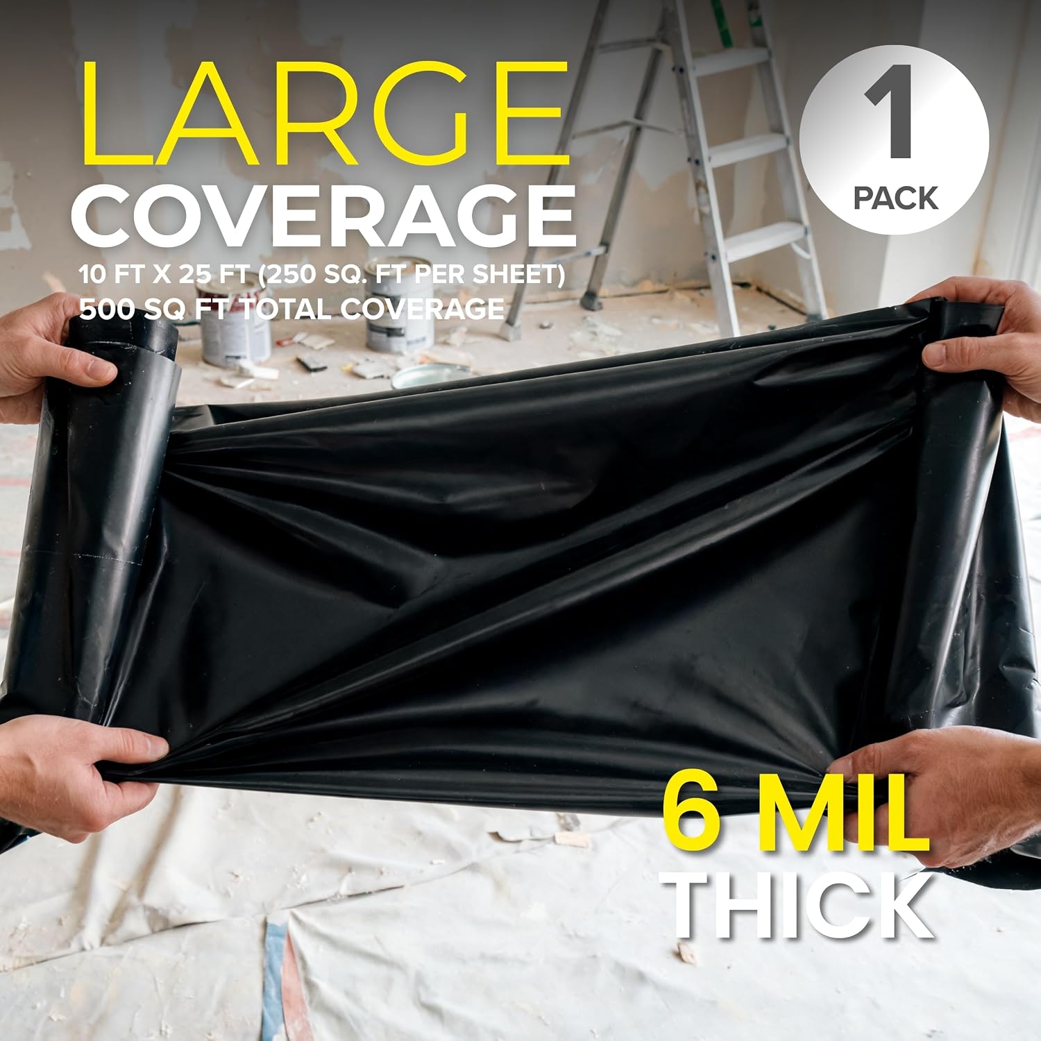 Black Plastic Sheeting 10' x 25', 6 Mil Heavy Duty Polyethylene Film