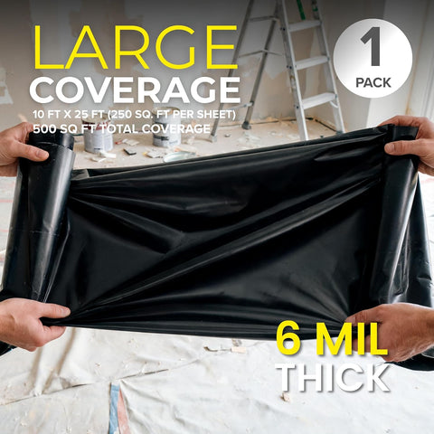 Black Plastic Sheeting 10' x 25', 6 Mil Heavy Duty Polyethylene Film