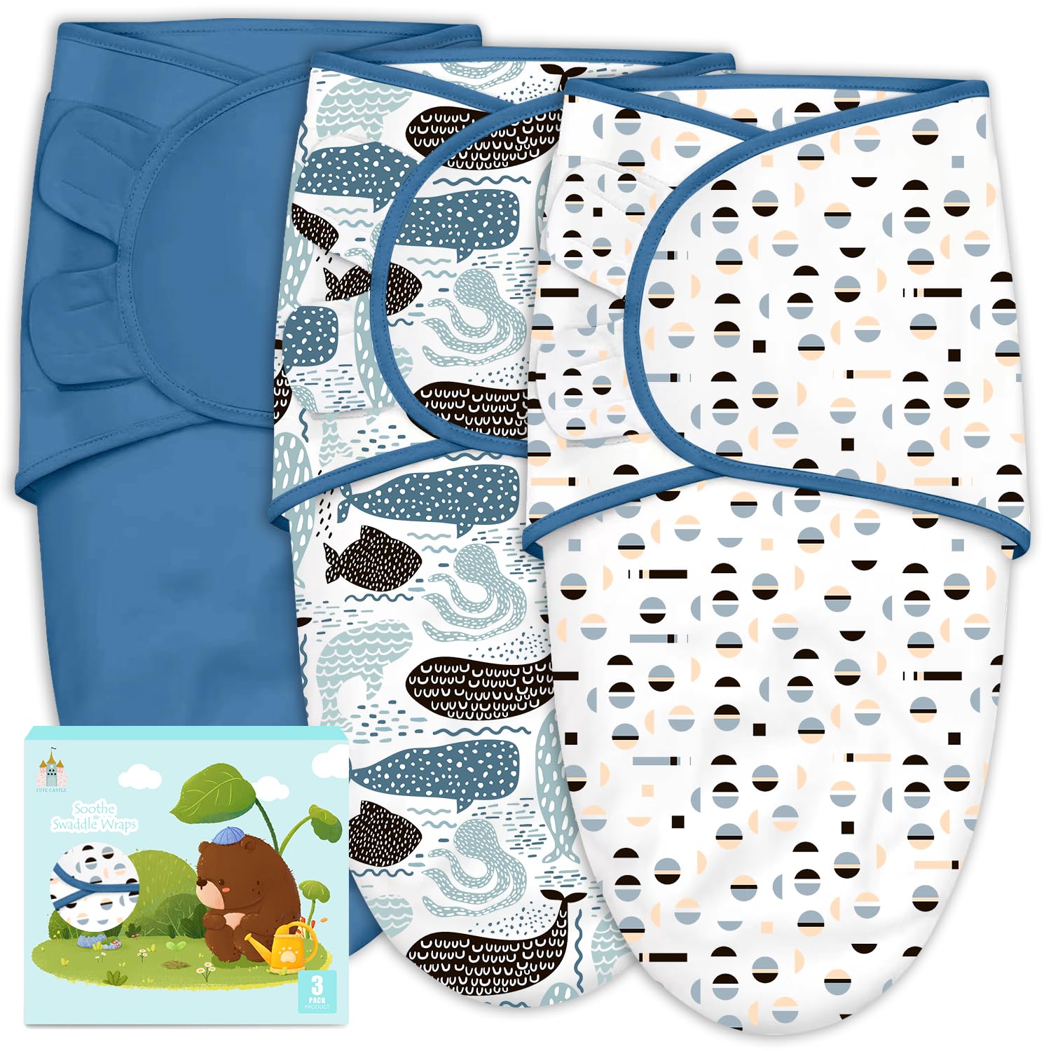 Cute Castle 3-Pack Baby Swaddle Sleep Sacks - Newborn Swaddle Sack - Ergonomic Baby Swaddles Blanket Warp for Boys and Girls - Baby Essentials (0-3 Months - Blue)