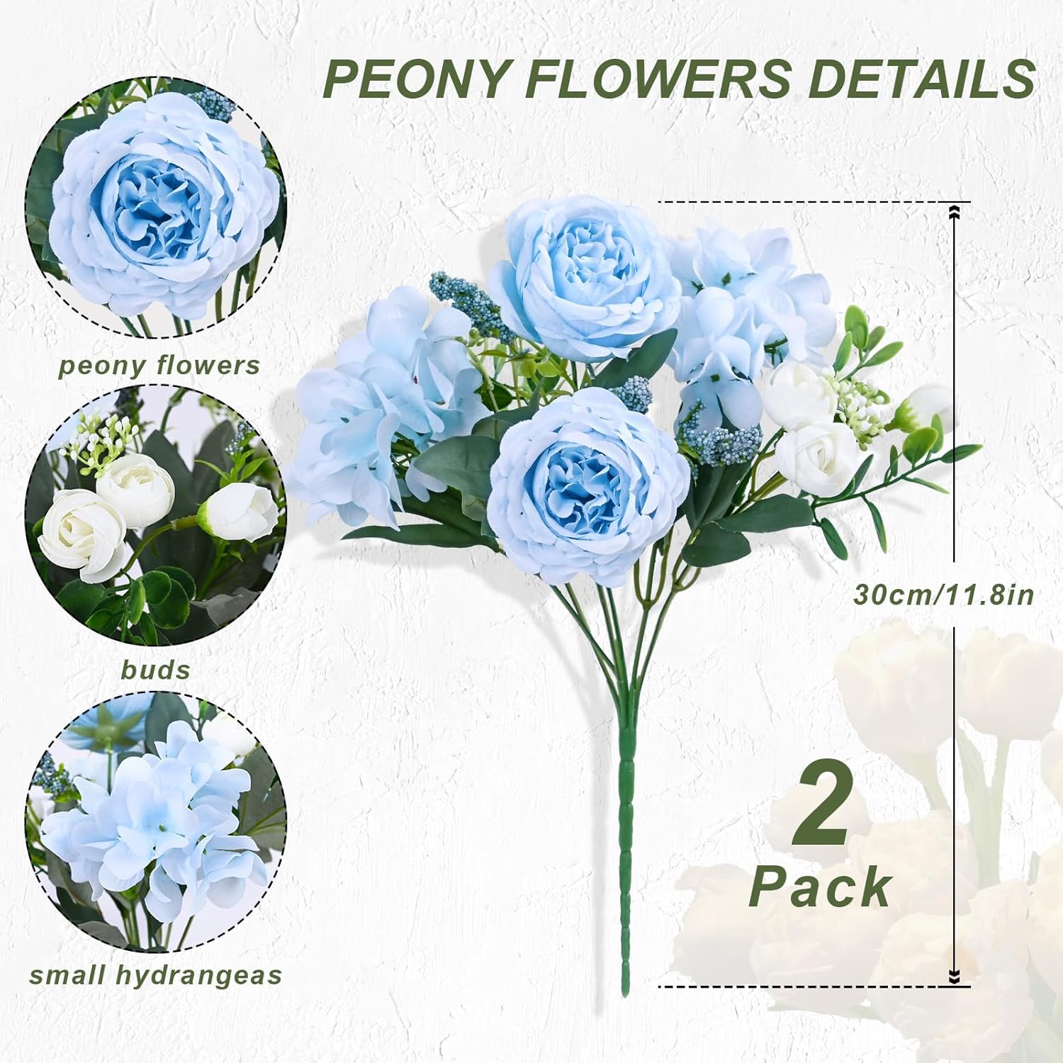 2 Packs Peonies Artificial Flowers, Blue Silk Flowers Artificial Peonies