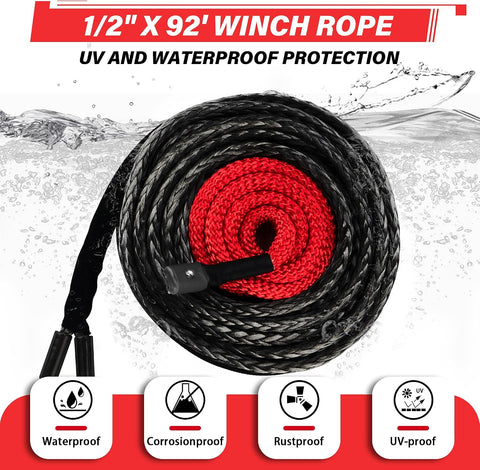 TYT Synthetic Winch Rope Kit - 1/2" x 92' with 32000 lbs Strength, Protective Sleeve, Heavy Duty Hook and Safety Pull Strap for Off-Road 4x4 Vehicles, Trucks (Black)