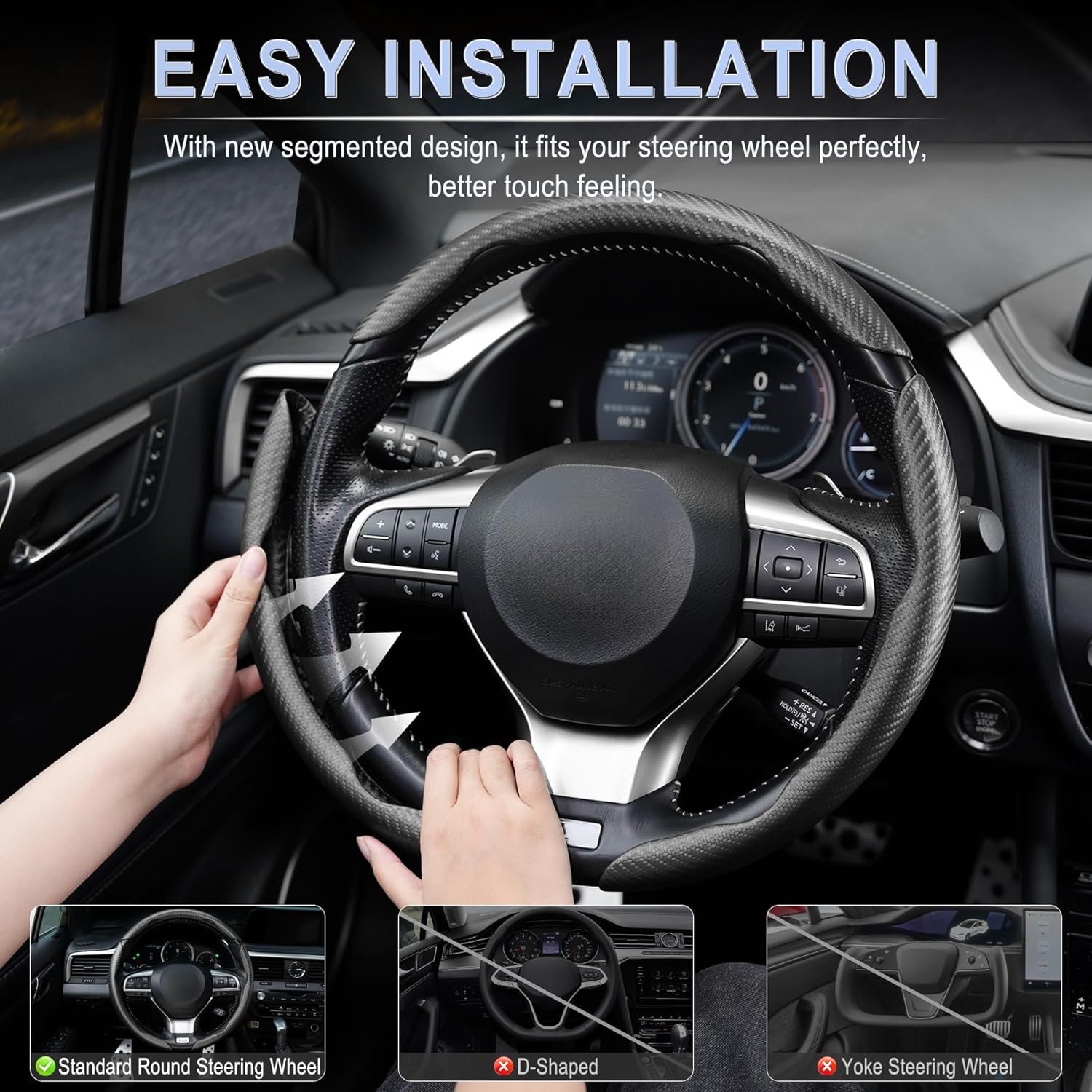 3pcs Carbon Fiber Anti-Skid Steering Wheel Cover, Waterproof & Segmented Butterfly Design, Universal 99% Vehicle Wheel Cover Protector, Car Interior Accessories (Black-3pcs)