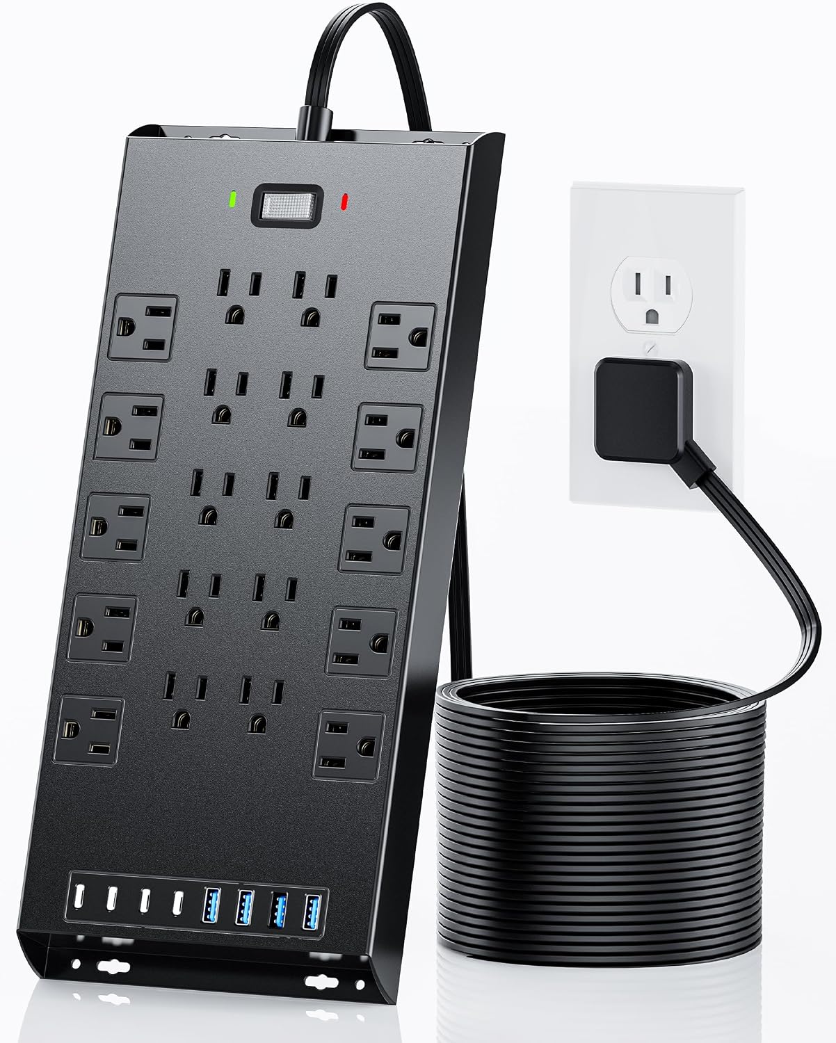 Surge Protector Power Strip 4800J, LeZone 10Ft Long Extension Cord Flat Plug, 20 Outlets 4 USB-A 4 USB-C Ports, Wall Mountable, Home Office Dorm Essentials, Black