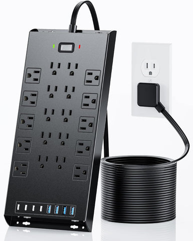 Surge Protector Power Strip 4800J, LeZone 10Ft Long Extension Cord Flat Plug, 20 Outlets 4 USB-A 4 USB-C Ports, Wall Mountable, Home Office Dorm Essentials, Black