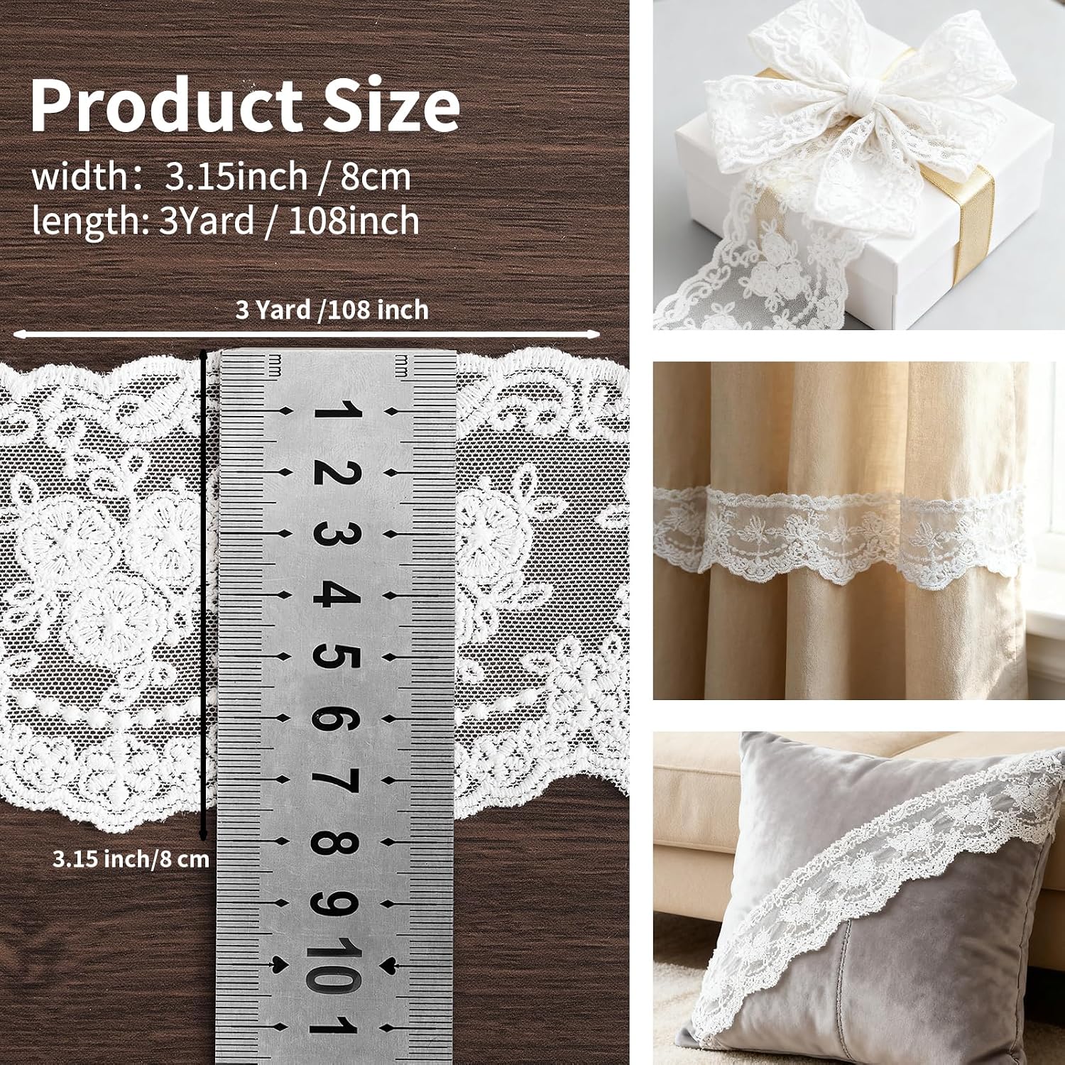 Lace Trim Ribbon, 3-Yard White Lace Ribbon, 3.3 Inch Width White Laces Trims Delicate Floral Pattern Ribbons for Crafts Sewing and Bridal Wedding Dress Applique Decorations