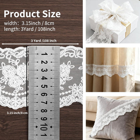 Lace Trim Ribbon, 3-Yard White Lace Ribbon, 3.3 Inch Width White Laces Trims Delicate Floral Pattern Ribbons for Crafts Sewing and Bridal Wedding Dress Applique Decorations