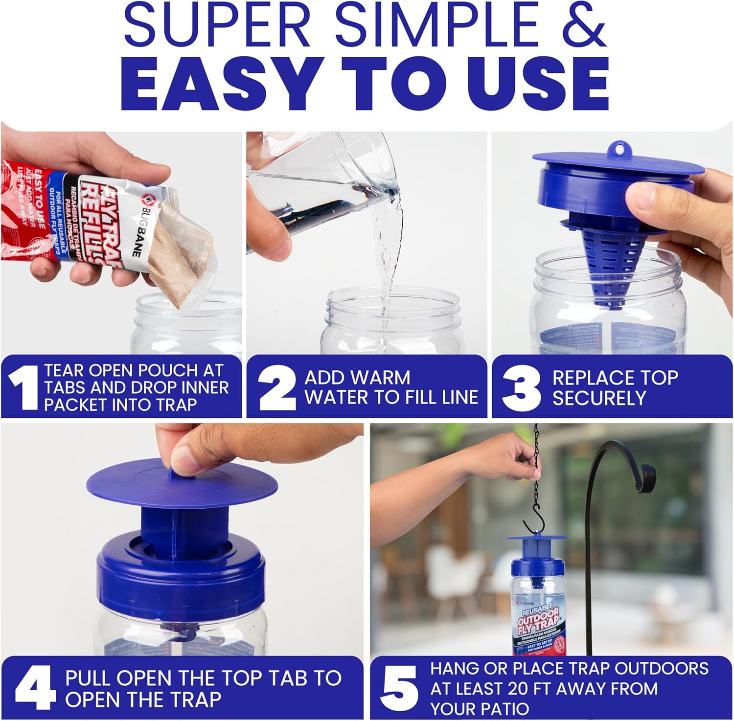3 Fly Traps Outdoor Fly Trap for Patio with 6 Non-Toxic Dissolvable Bait Refills. Reusable Hanging Bug Catcher Killer for All Filth Flies for Outside Bug Control Yard Ranch. Hanging Chains Included.