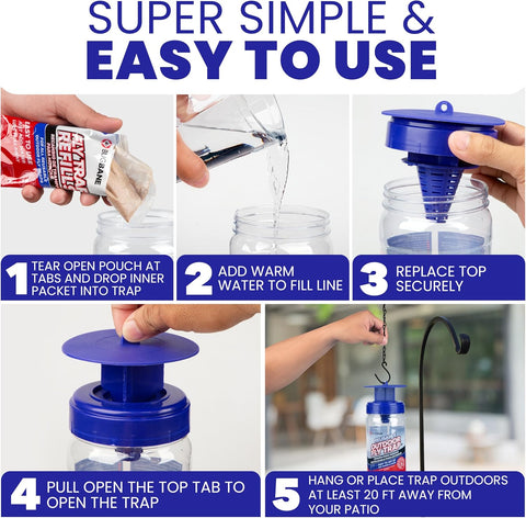 3 Fly Traps Outdoor Fly Trap for Patio with 6 Non-Toxic Dissolvable Bait Refills. Reusable Hanging Bug Catcher Killer for All Filth Flies for Outside Bug Control Yard Ranch. Hanging Chains Included.