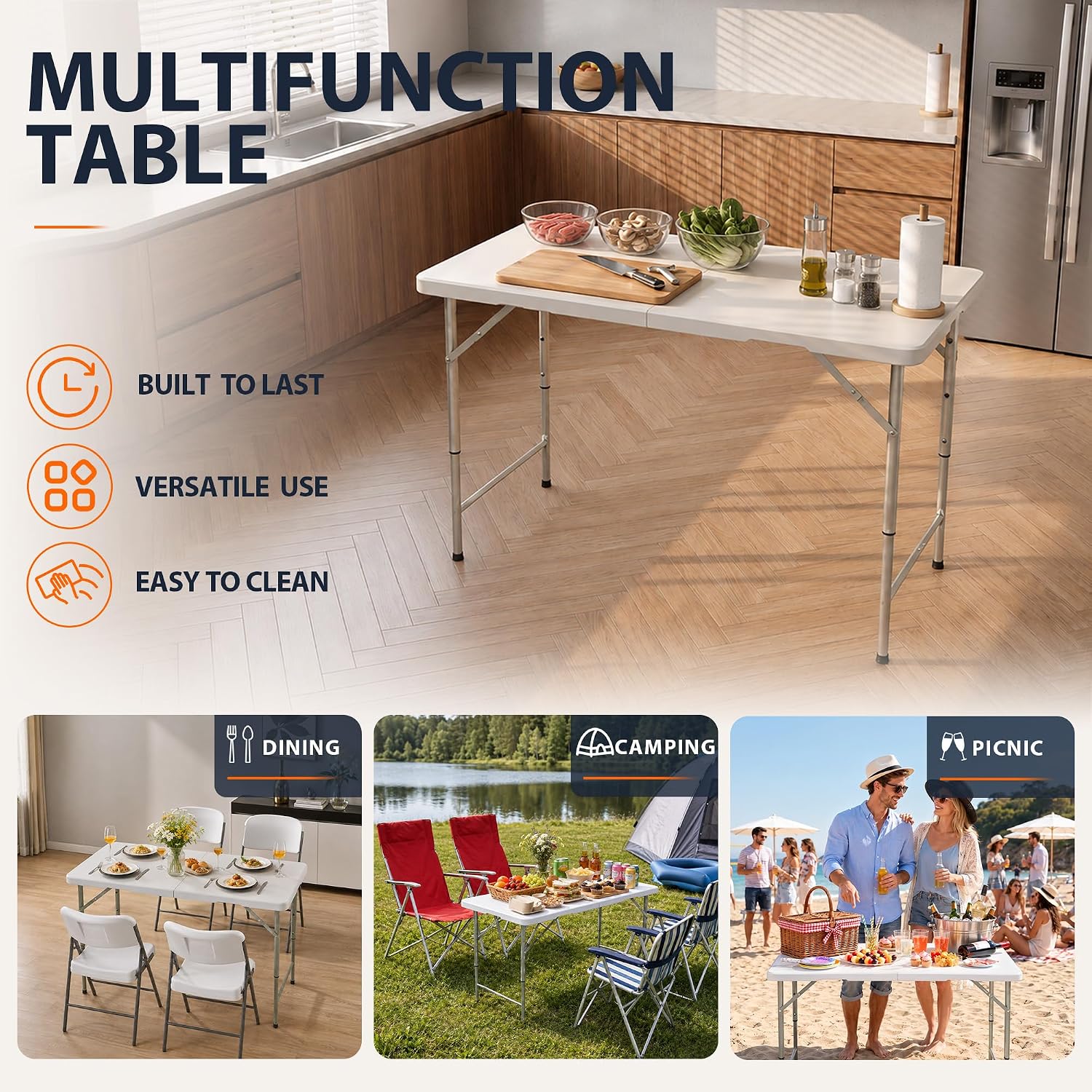 HULKFIT 4FT Folding Table, 3-Height Adjustable Portable Table with Carry Handle, Sturdy Steel Frame, Ideal for Indoor/Outdoor Dining, Parties, and Camping
