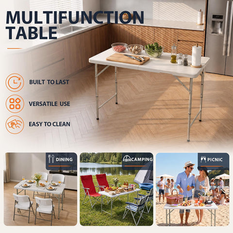 HULKFIT 4FT Folding Table, 3-Height Adjustable Portable Table with Carry Handle, Sturdy Steel Frame, Ideal for Indoor/Outdoor Dining, Parties, and Camping