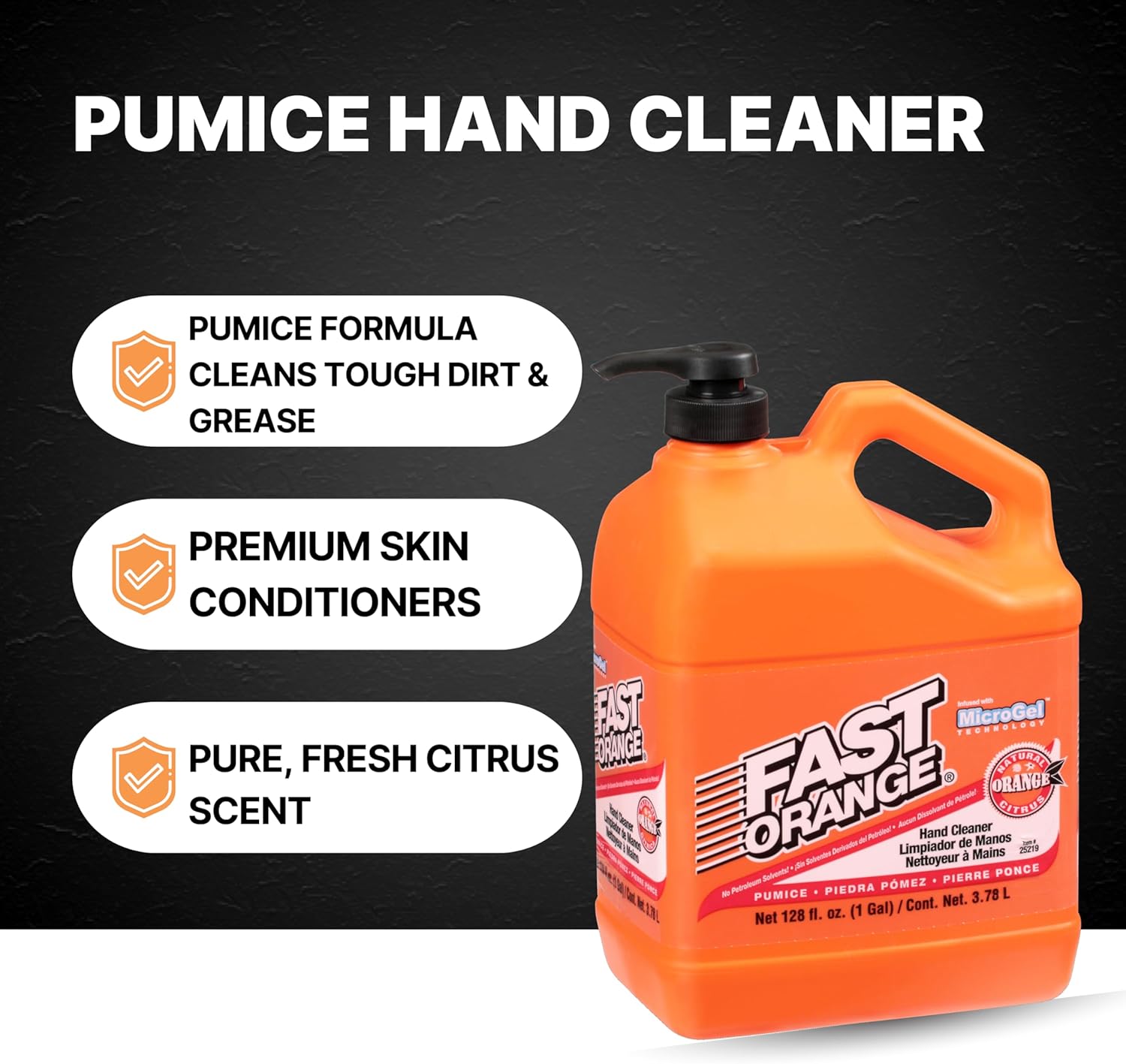 Fast Orange 25219 Pumice Lotion, Heavy Duty Hand Cleaner, Natural Citrus Scent, Waterless Cleaner for Mechanics, Strong Grease Fighter, 1 Gallon