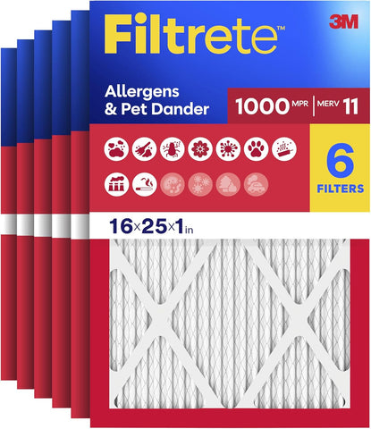 Filtrete 16x25x1 Air Filter, MERV 11, MPR 1000, 6 HVAC Filters