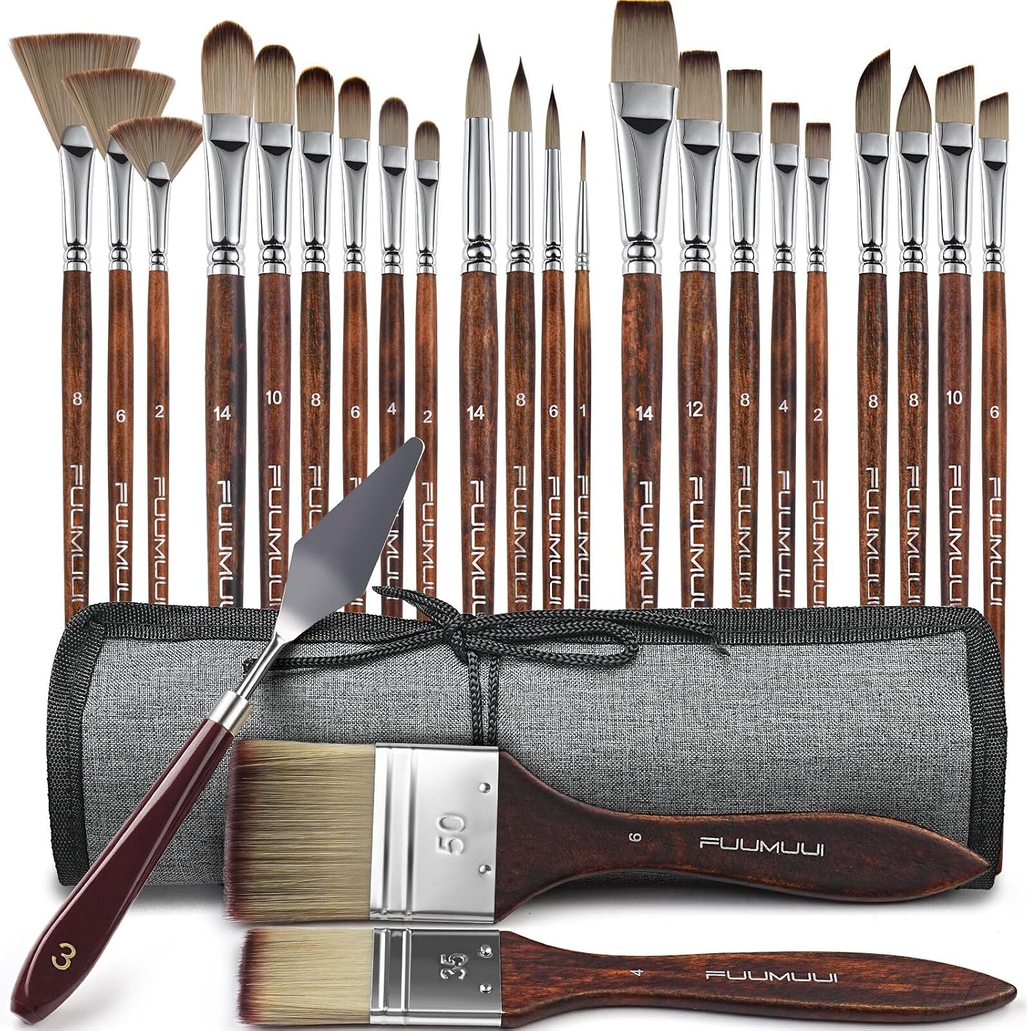Fuumuui 25pcs Paint Brush Set, Professional 9 Shapes with Wide Flat, Filbert, Fan, Dagger, Cat Tongue, Round, Angle, Rigger for Acrylic Oil Watercolor | Includes Palette Knife & Waterproof Canvas Roll