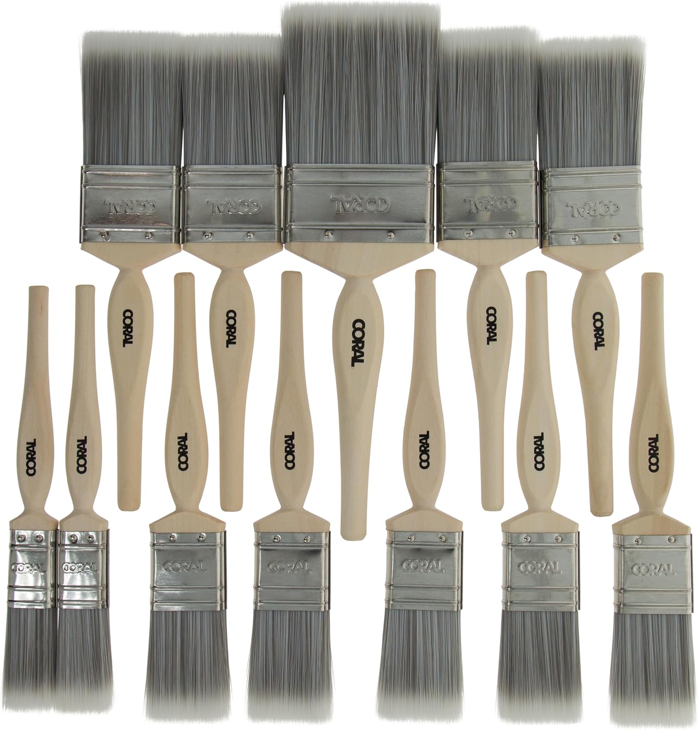 Coral 31409 Painter's Dozen Paint Brushes 12Pk - Trade Pro Quality - FSC Wood Handles - House Paint Brushes for Walls 2x1, 5x1.5, 4x2, 3" - Ideal Wall Paint Brushes for House Painting