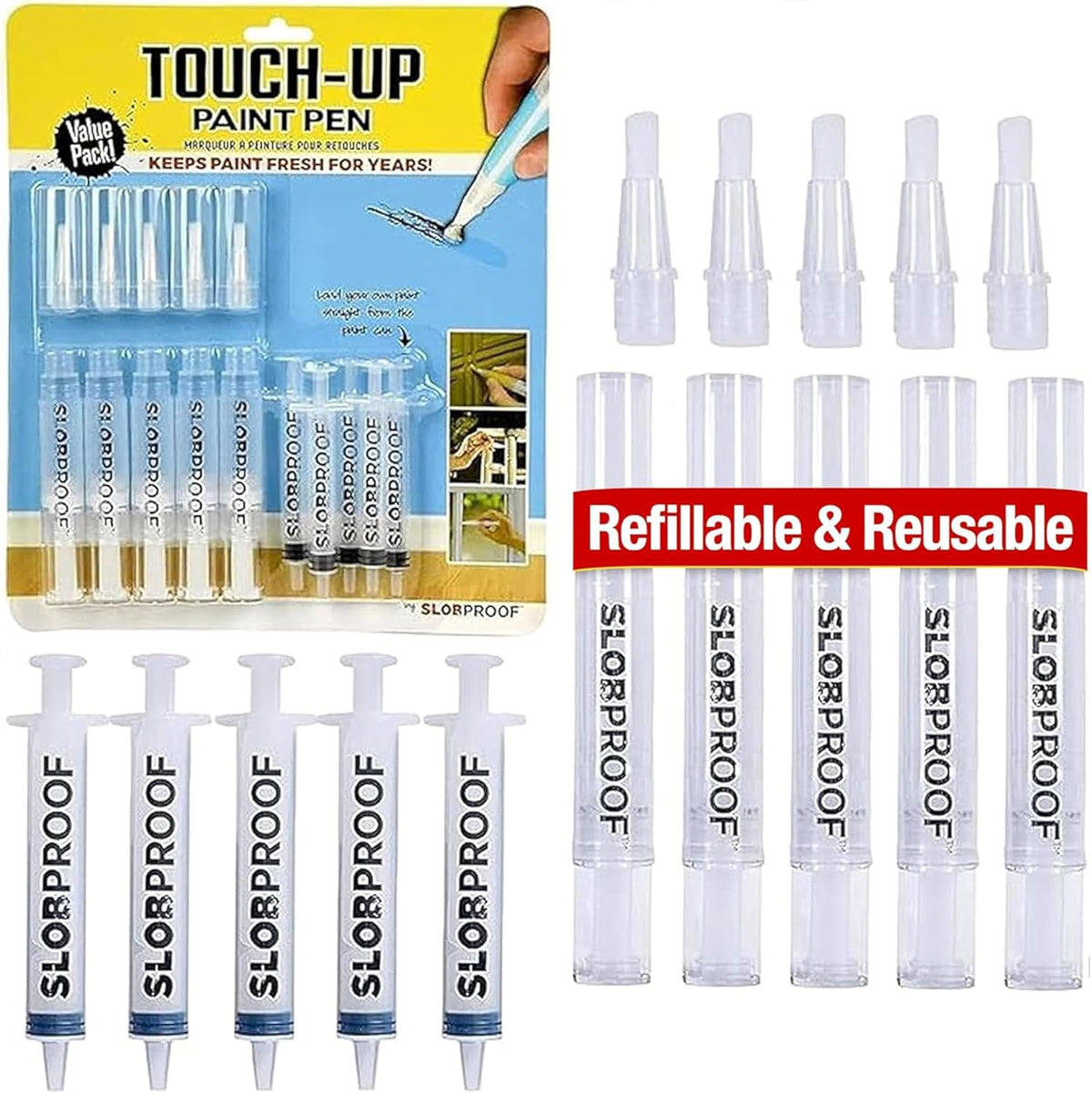 Slobproof Refillable Touch-Up Paint Pen, Pack of 5 - Precision Brush Tip
