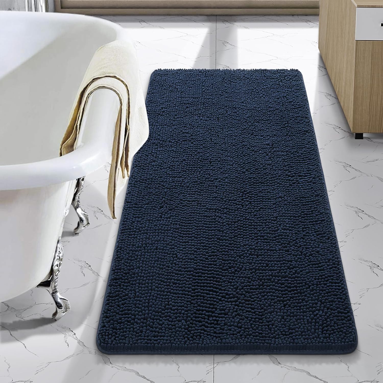 LOCHAS Luxury Bathroom Rug Shaggy Bath Mat 24 x 44 Inch, Navy