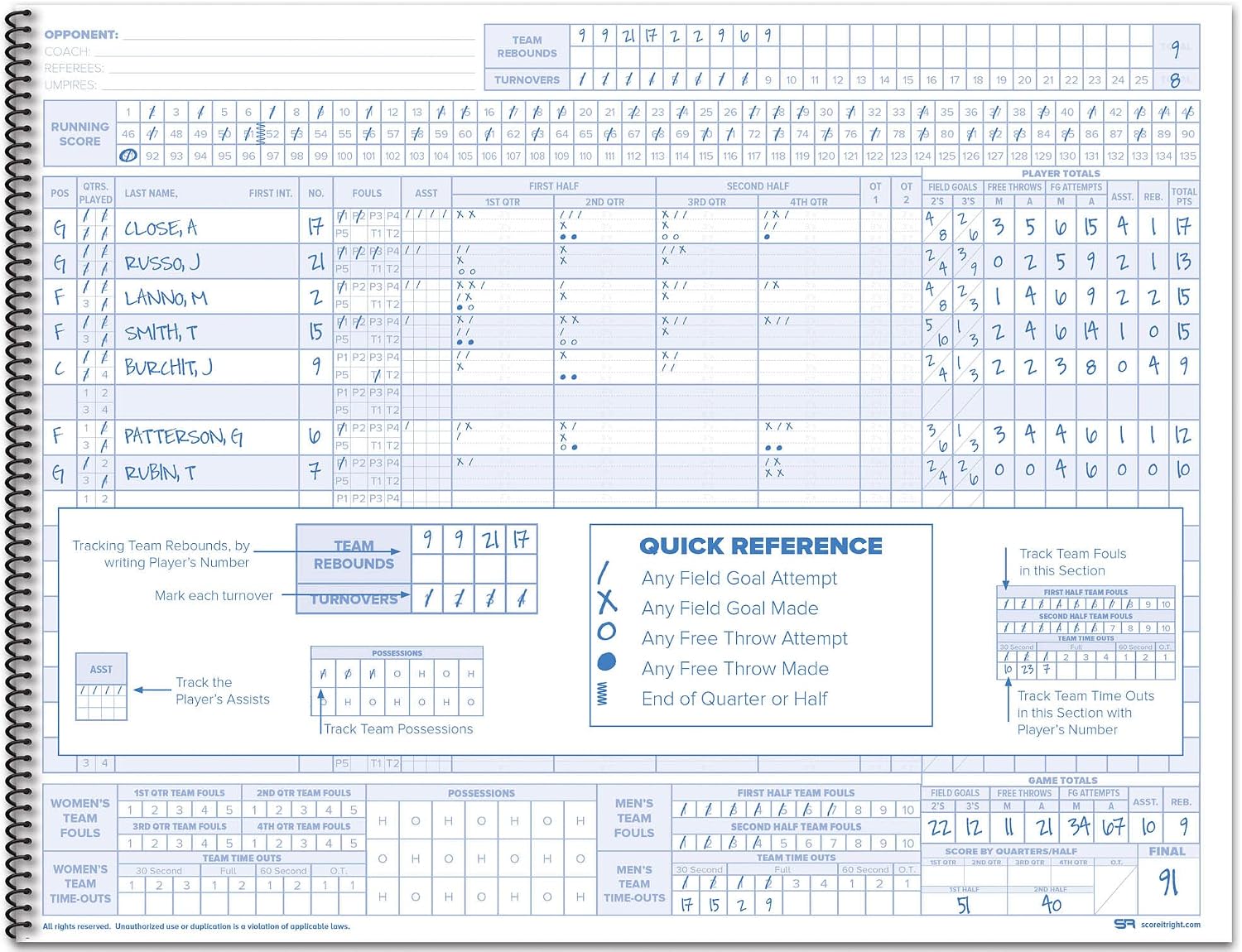 Score It Right Basketball Scorebook – 16-Player Men’s and Women’s Basketball Score Keeping Book – Basketball Game Score Book for Individual and Team Stats – 9.25 x 12-inch Hardcover Book