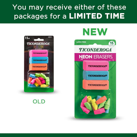 Ticonderoga Assorted Erasers, Neon Colors, 15 Count
