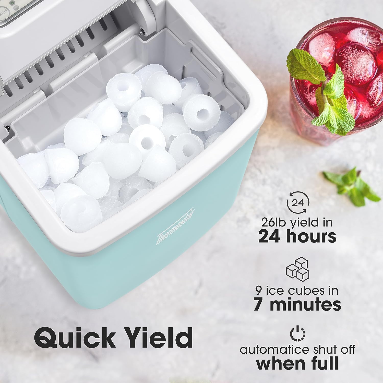 Thermostar Automatic Self-Cleaning Portable Electric Countertop Ice Maker Machine with Handle, 26 Pounds in 24 Hours with Ice Scoop and Basket, Perfect for Water Bottles, Mixed Drinks, Parties, Aqua