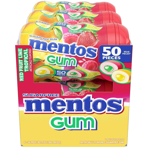 Mentos Sugar Free Chewing Gum, Red Fruit Lime, 50 Piece Bottle (6 Pack) | Contains Xylitol, Perfect for Long Lasting Fresh Breath at School, Work & Travel