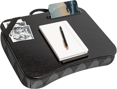LAPGEAR Designer Lap Desk – Gray Argyle, Fits 15.6” Laptops | Built-In Phone Slot, Device Ledge, Conforming Microbead Cushion, Carry Handle