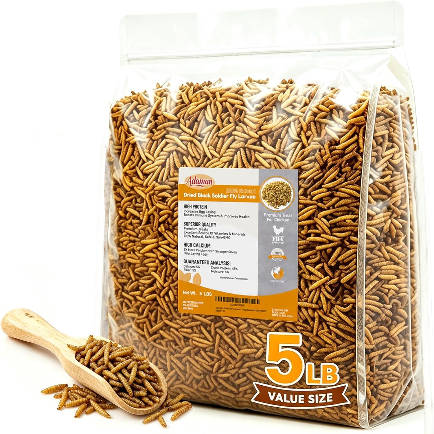 Adaman 5LB Dried Black Soldier Fly Larvae for Chickens, High Calcium BSF Feed, Natural Grubs for Birds Ducks Layer Hens