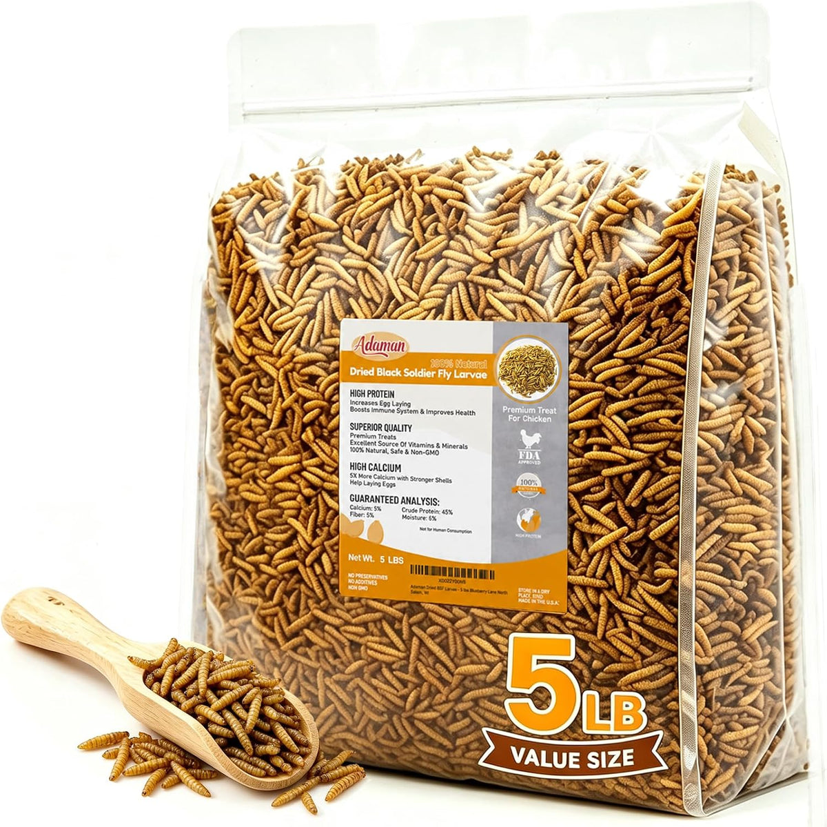 Adaman 5LB Dried Black Soldier Fly Larvae for Chickens, High Calcium BSF Feed, Natural Grubs for Birds Ducks Layer Hens