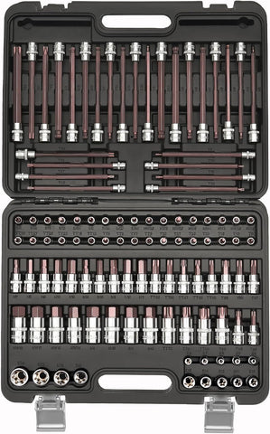 107-Piece Master Torx & Allen Bit Socket Set, S2 Steel, 1/4" 3/8" 1/2" Drive, Long Torx, Ball End Hex, Tamper-Resistant Star, E-Star Sockets, SAE & Metric (Chrome-Polished Set)
