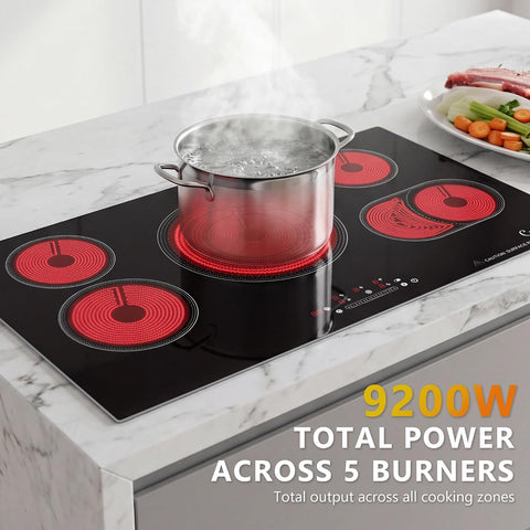 36 Inch Electric Cooktop, 5 Burner Built-In Ceramic Glass Stove Top, 9200W