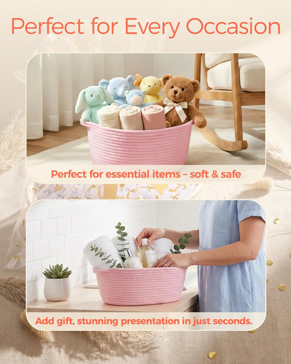 SUNCOLOR Small Woven Pink Gift Basket Set, Cotton Rope Storage Basket 12x8x5 Inch with Cut Paper Shred Filler, Pull Bow and Cellophane Bag for Baby Shower, Birthday, Holidays